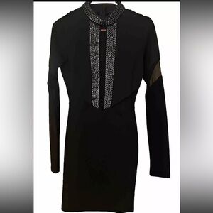 Symphony Black Bodycon Long Sleeved, Mesh See Through Detail, Midi Party Dress